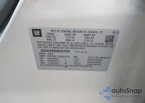 2013 Chevrolet Equinox 2Lt from USA, damaged, VIN 2GNALPEK8D6357686